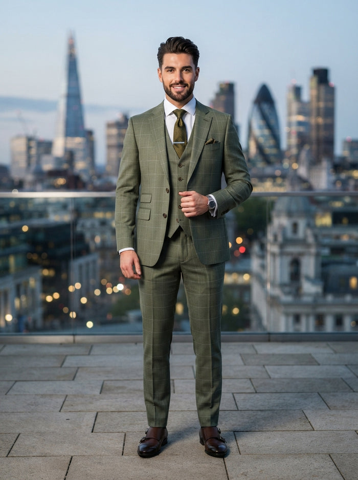Osteria 3PC Tailored Plaid Suit — Sage Green Super 200s Wool & Cashmere